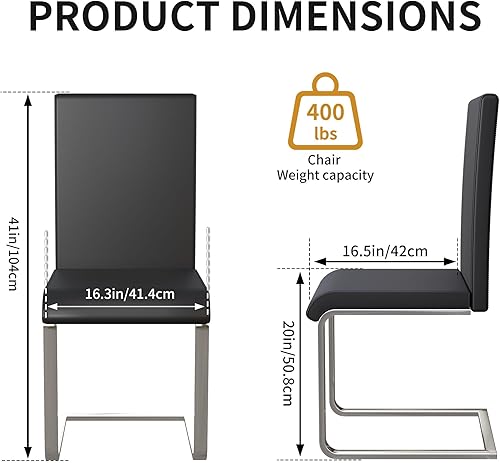 Miniatura 3 de SHGJ&SOFT Juego de 4 sillas de comedor modernas, tapizadas de piel sintética negra con base de trineo de metal, sillas laterales sin brazos con