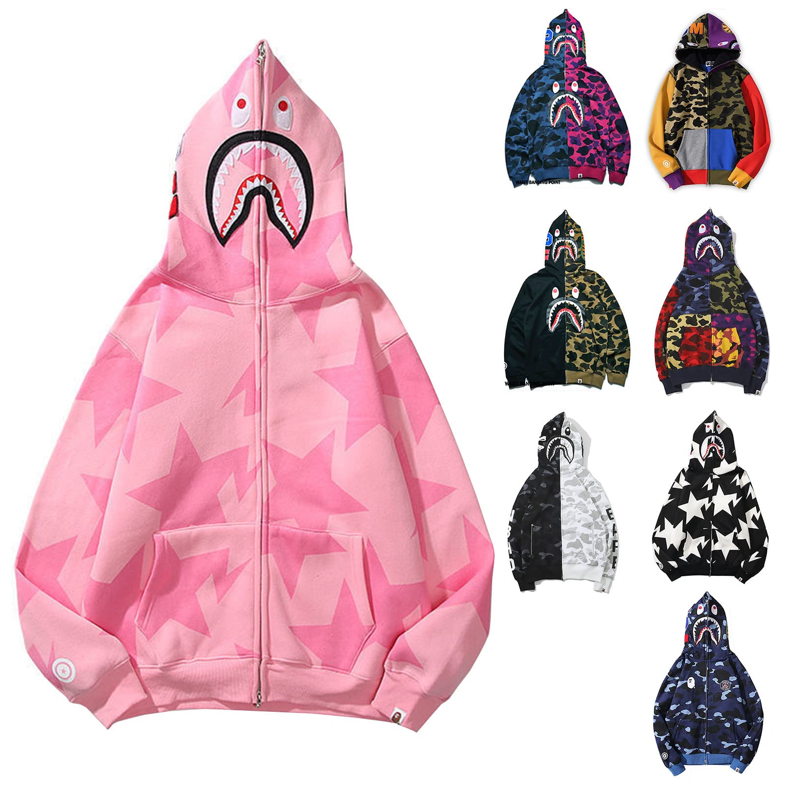 Unisex shark Hoodies Sweatshirt for men Fashion Casual Women hip-hop rock fleece Full zip hoodie