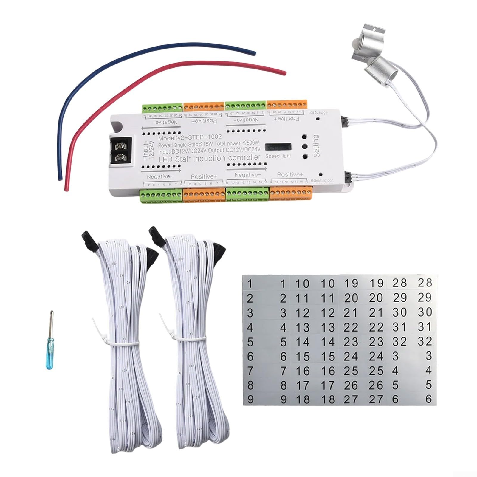 Sensore di movimento a 32 canali, regolatore di luce per scale, DC12V-24V, sistema automatico di illuminazione a LED con 2 sensori PIR, per casa, corridoio, scala fino a 32 gradini (set di