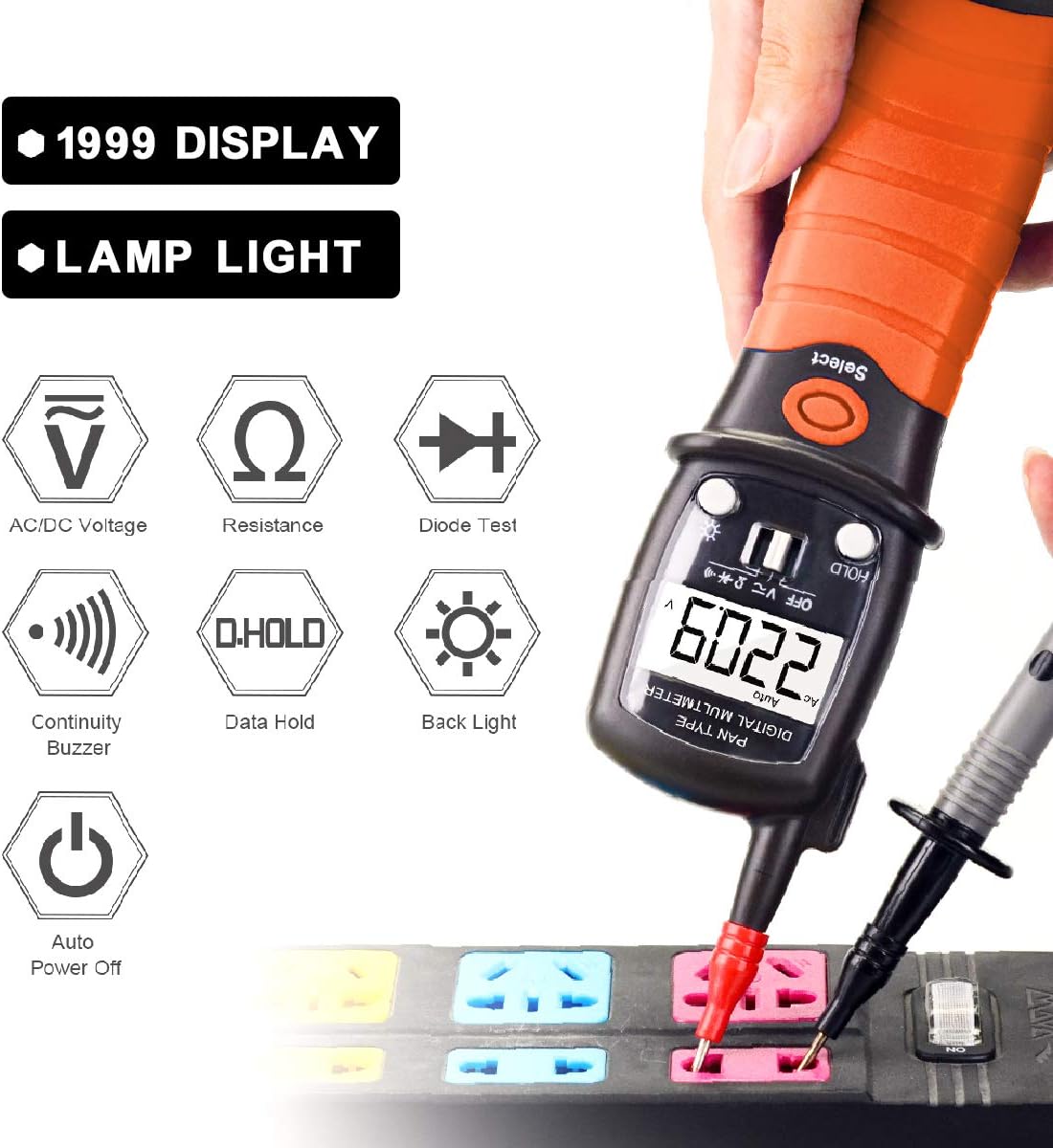 Icons representing various functions of the BTMETER BT-38B Digital Pen Multimeter: AC/DC Voltage, Resistance, Diode Test, Continuity Buzzer, Data Hold, Back Light, and Auto Power Off.