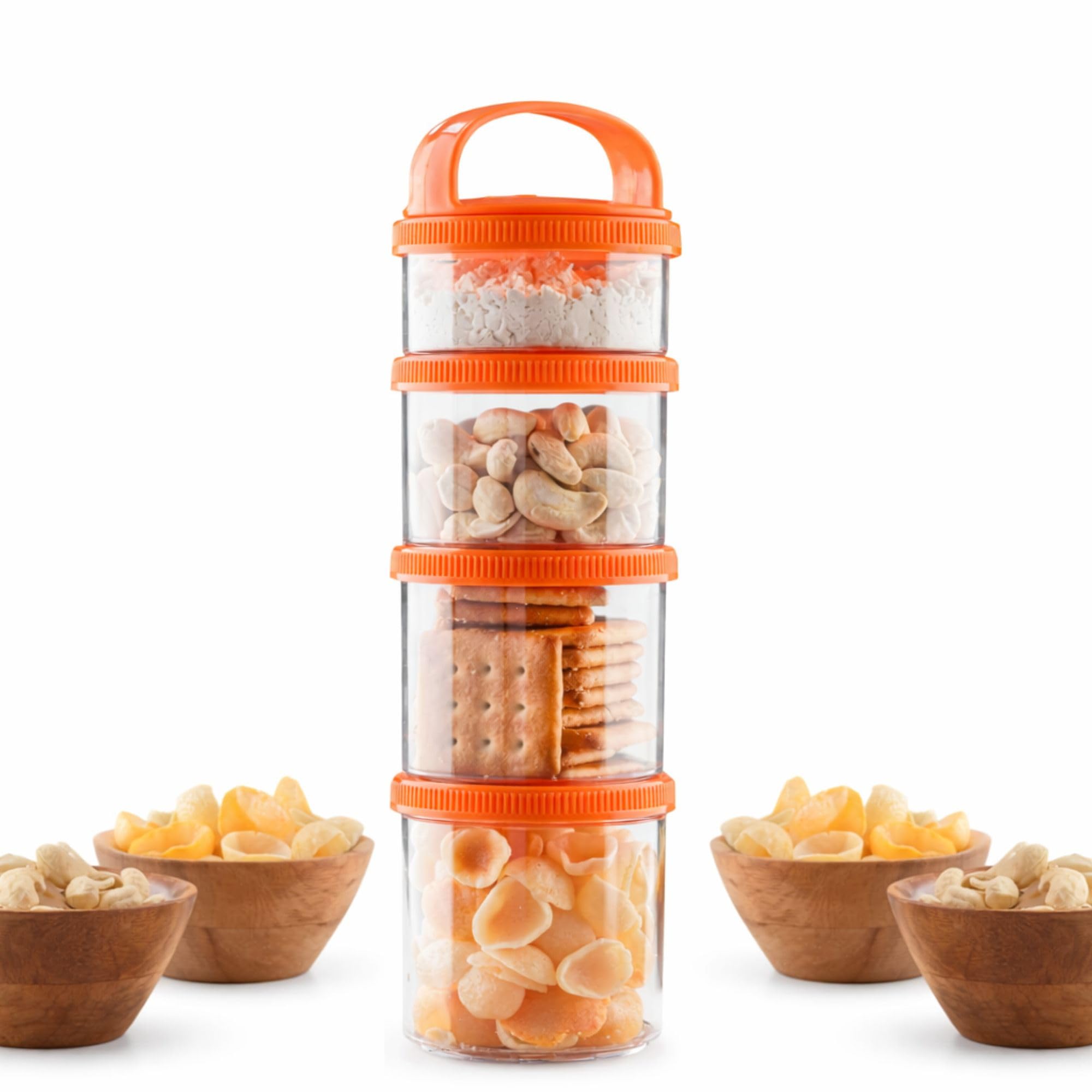 GROB StackIt 4-Layer Stackable Snack Container with Handle | Airtight Food Storage Jar | Multipurpose Dry Fruit, Biscuit & Namkeen Box | BPA Free Plastic | Travel & Kitchen Storage (Pack 1)