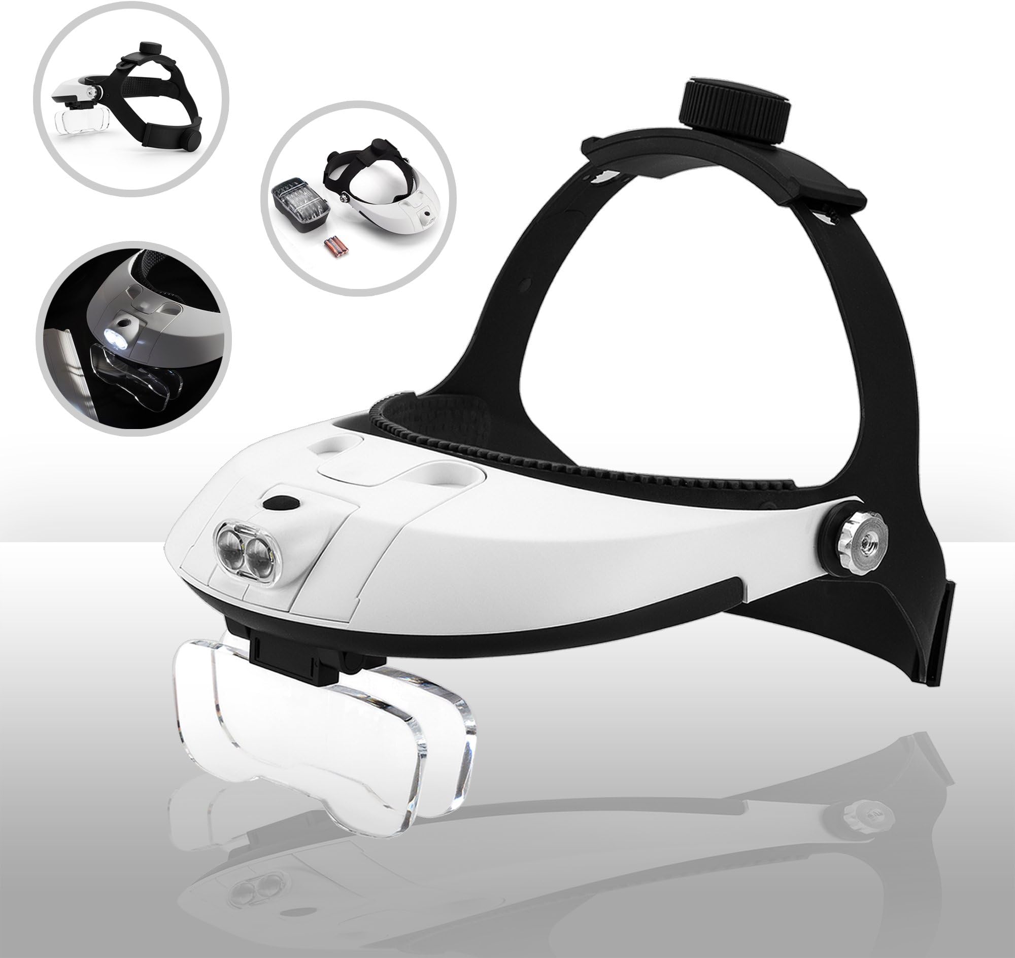 FiveJoyFiveJoy Handsfree Head Mount Magnifier with Detachable LED Head Lamp - 5 Lenses Included: 1.0X - 3.5X - Clip on 2 Lens Together to Get Magnification up to 6.0X