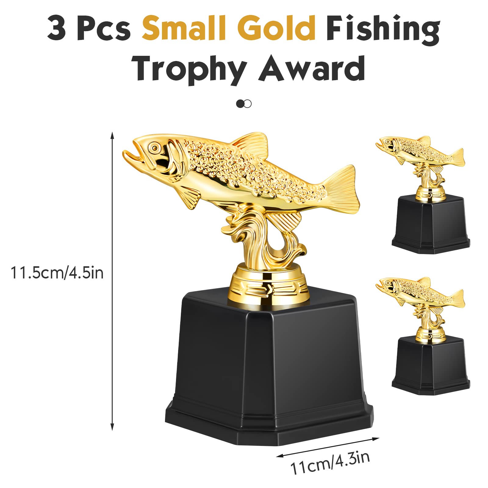Lot de 3 petits trophées de pêche dorés à grande bouche pour tournois de pêche, compétitions, cérémonies, Derbies, 12,7 x 7,6 cm