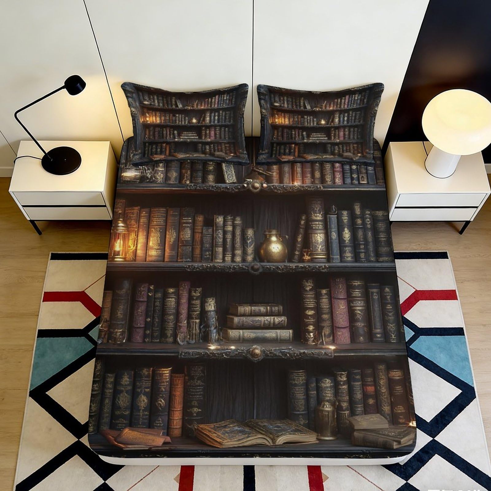 3D Printed Vintage Bookshelf Fitted Sheet Microfiber Non-Slip Bed Cover for Bedroom Decor Dorm Mattress Protection 120x200x25cm
