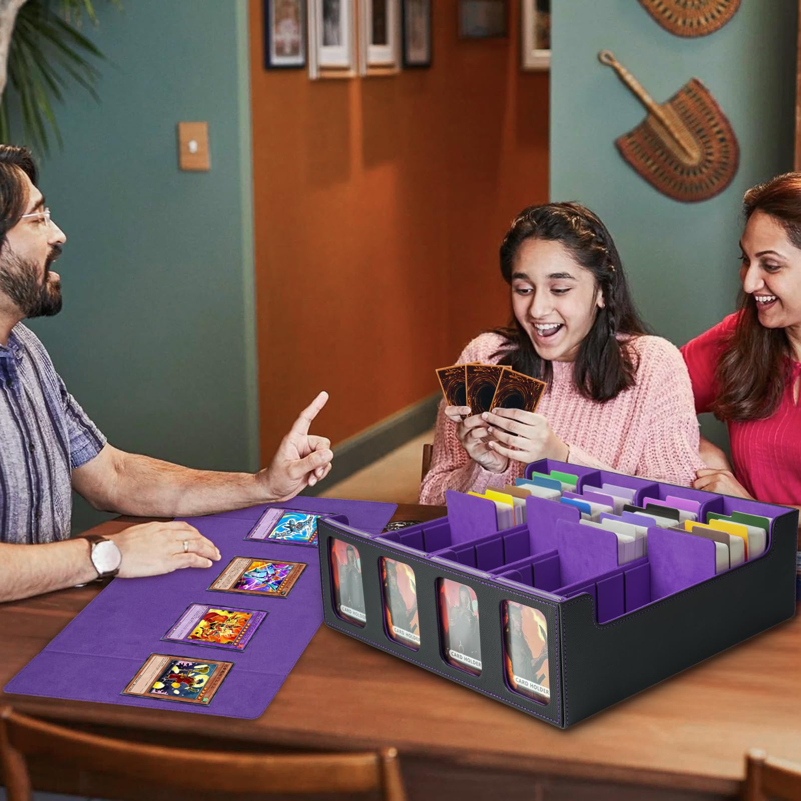 MTG Deck Box, contenitore per oltre 3000 carte con 24 divisori e 4 supporti per carte, scatola per carte Commander con finestre, adatta a Yu-Gi-Oh e TCG (nero e viola)