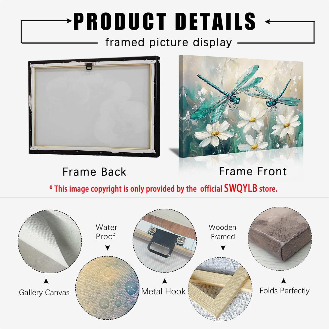 SWQYLB Dragonfly Canvas Wall Art for Bathroom Watercolor Dragonfly Framed Painting Floral Dragonflies‌ Picture Prints for Home Bedroom Decor (Blue, 16L x 24W)