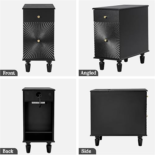 Miniatura 6 de Mesa auxiliar estrecha con estación de carga, mesita de noche delgada con cajón y puerta de ampolla acanalada, mesita de noche de madera decorativa