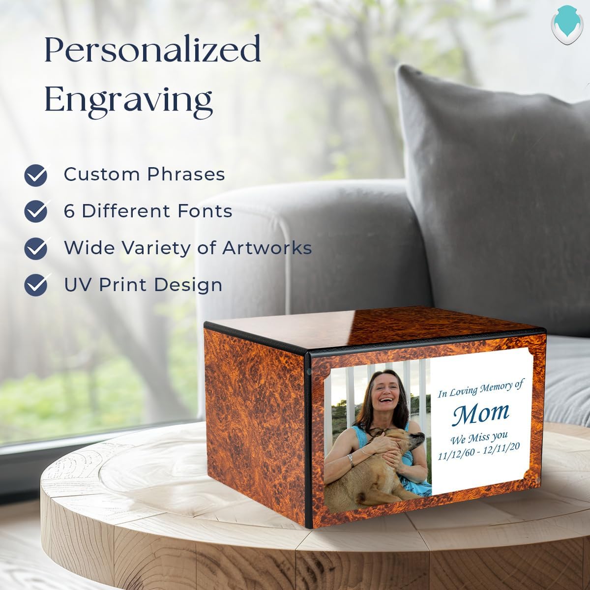 GetUrns Heritage Adult Burl Cremation Urn Box For Human Ashes I Custom Printed Photo Wooden Urns for Male and Female I 213lbs