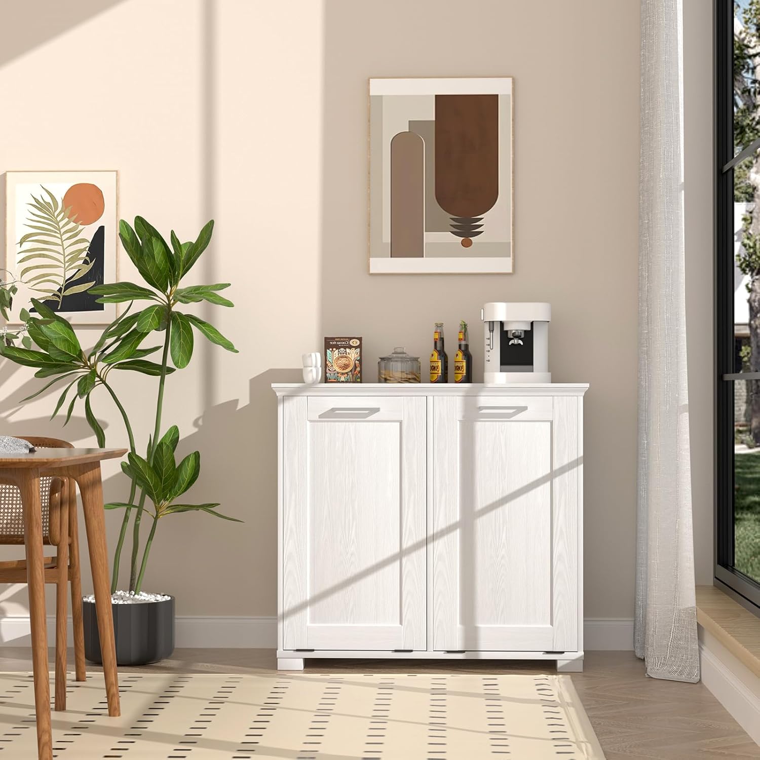 Wooden Tilt Out Trash Cabinet,Hidden Trash Can Cabinet 20 Gallon Double Garbage Cabinet for Kitchen,Living Room&Bathroom Pure White Finish