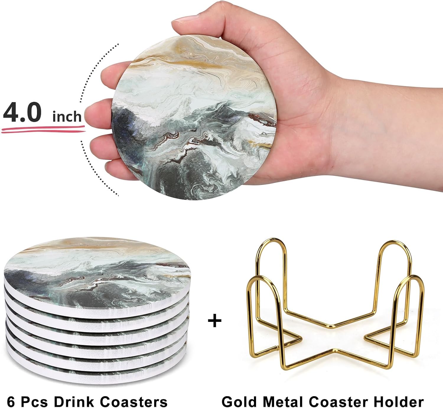 Coasters Set of 6 with Holders for Living Room Coffee Table Decor Farmhouse Ceramic Absorbent Coasters for Drinks Beer Wine Bar Modern Marble Round Coasters