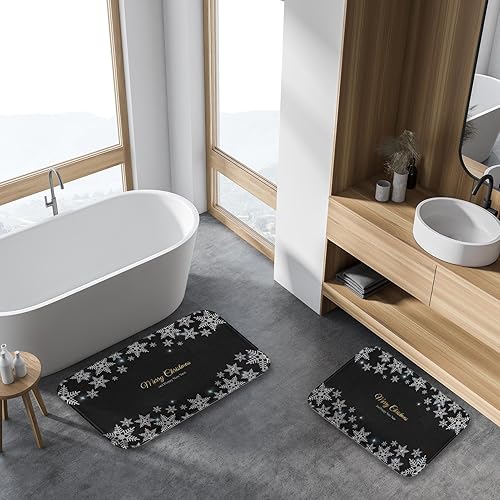 Miniatura 7 de ArtSocket Juego de 2 tapetes de baño de Navidad, color negro, copos de nieve, decoración de baño, alfombras de 16 x 24 y 20 x 32 pulgadas,