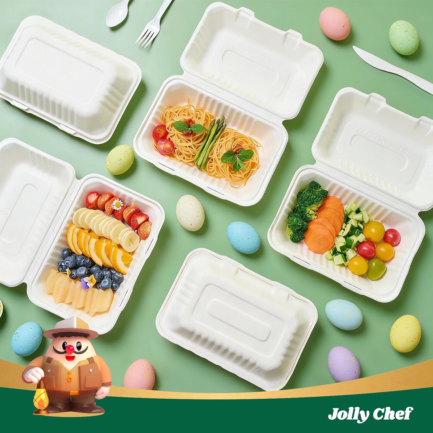 JOLLY CHEF Clamshell Take Out Food Containers, [9 * 6" 75-Pack] To Go Containers Disposable, Sugarcane To Go Boxes for Salad,Lunch