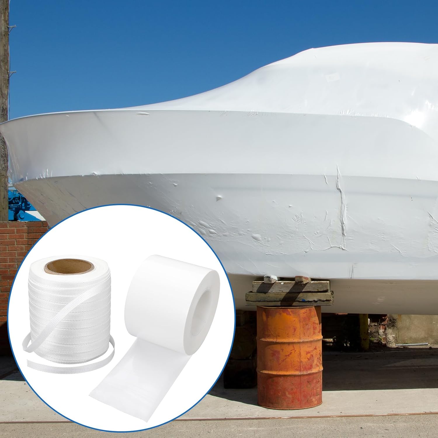 Pangda 2 Pcs Shrink Wrap Strapping Kit 4" x 60 Yard White Shrink Wrap Tape 1/2" x 500' Cross Woven Poly Strapping Cord Insulation Strength for Boat and Any Outdoor Equipment Installation