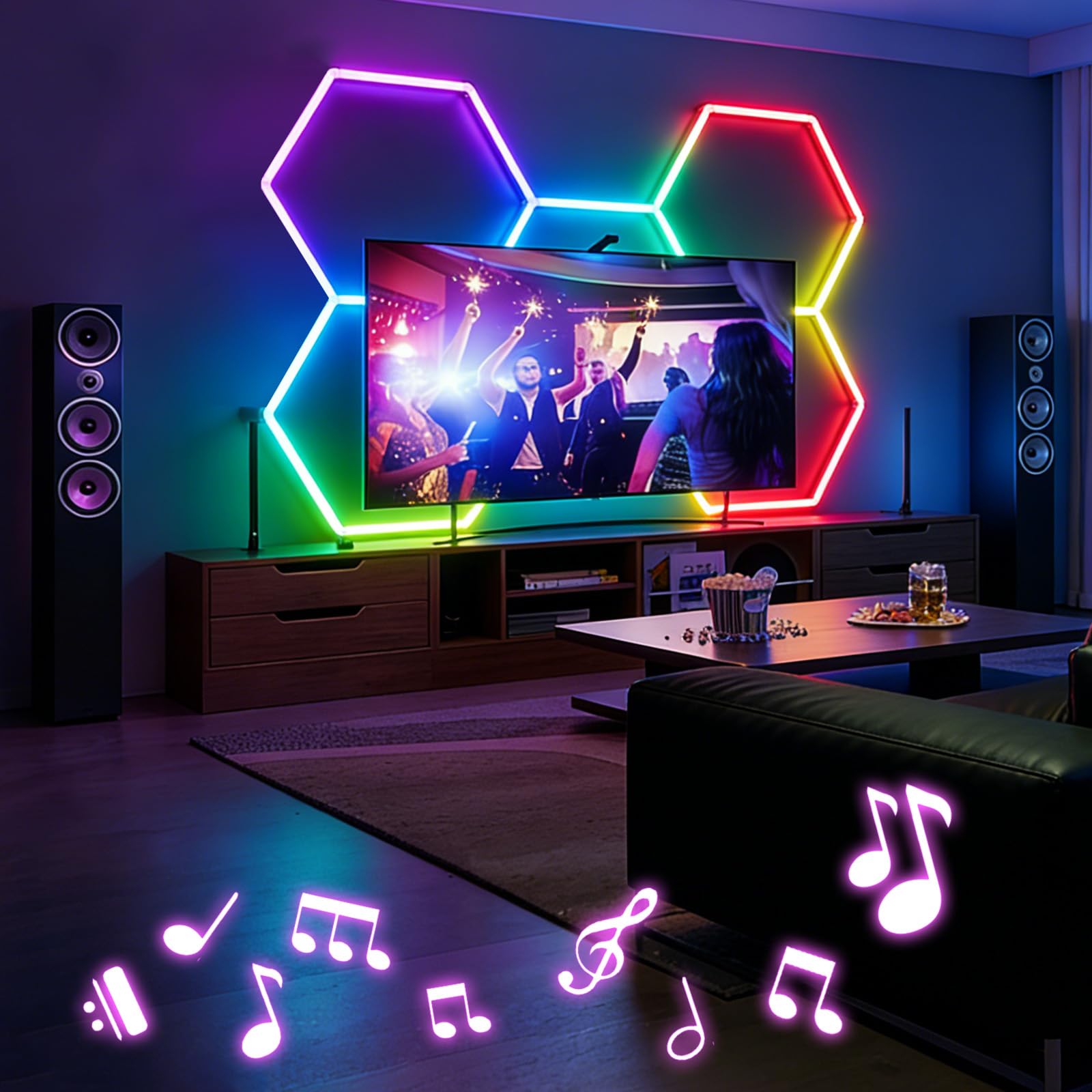 RGB LED Hexagon Deckenleuchte 5 Hex 216W dimmbare Garagenlampe | Musik-Synchronisationsmodus, App- & Fernbedienung Farbwechsel Wabenleuchte für Gaming-Zimmer Fitnessstudio Garage Bars Partei