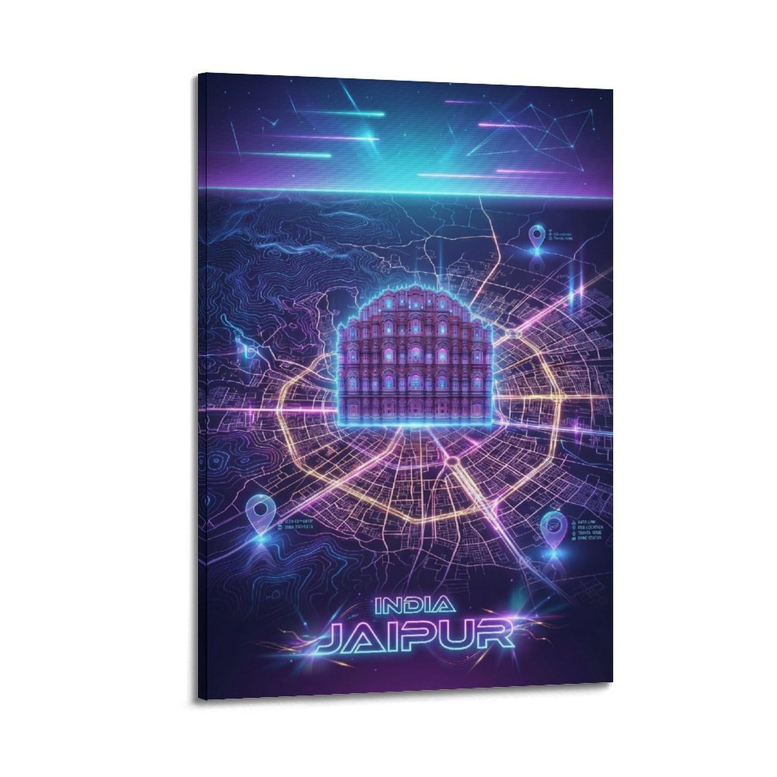 XKUGA Neon City Map Poster India Jaipur Hawa Mahal Modern Decorative Canvas Prints - Ideal Wall Art for Family, Man Cave, Game Room, Boys & Girls Bedroom 24x36inch(60x90cm)