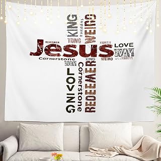 Shrahala White Words Christian Wall Tapestry, Christmas Words School Jesus Bible Worship Wall Hanging Large Tapestry Decoration Polyester Fiber White Hem Around for Dorm Room Bedroom 51.2 x 59.1 in