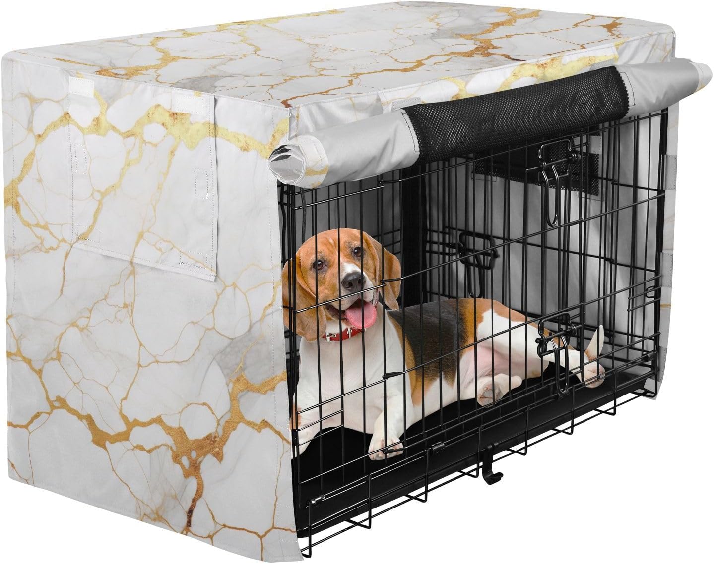 White Gold Marble Texture Dog Crate Cover Universal Size Fit, Pet Cage Cover with Openings, Large