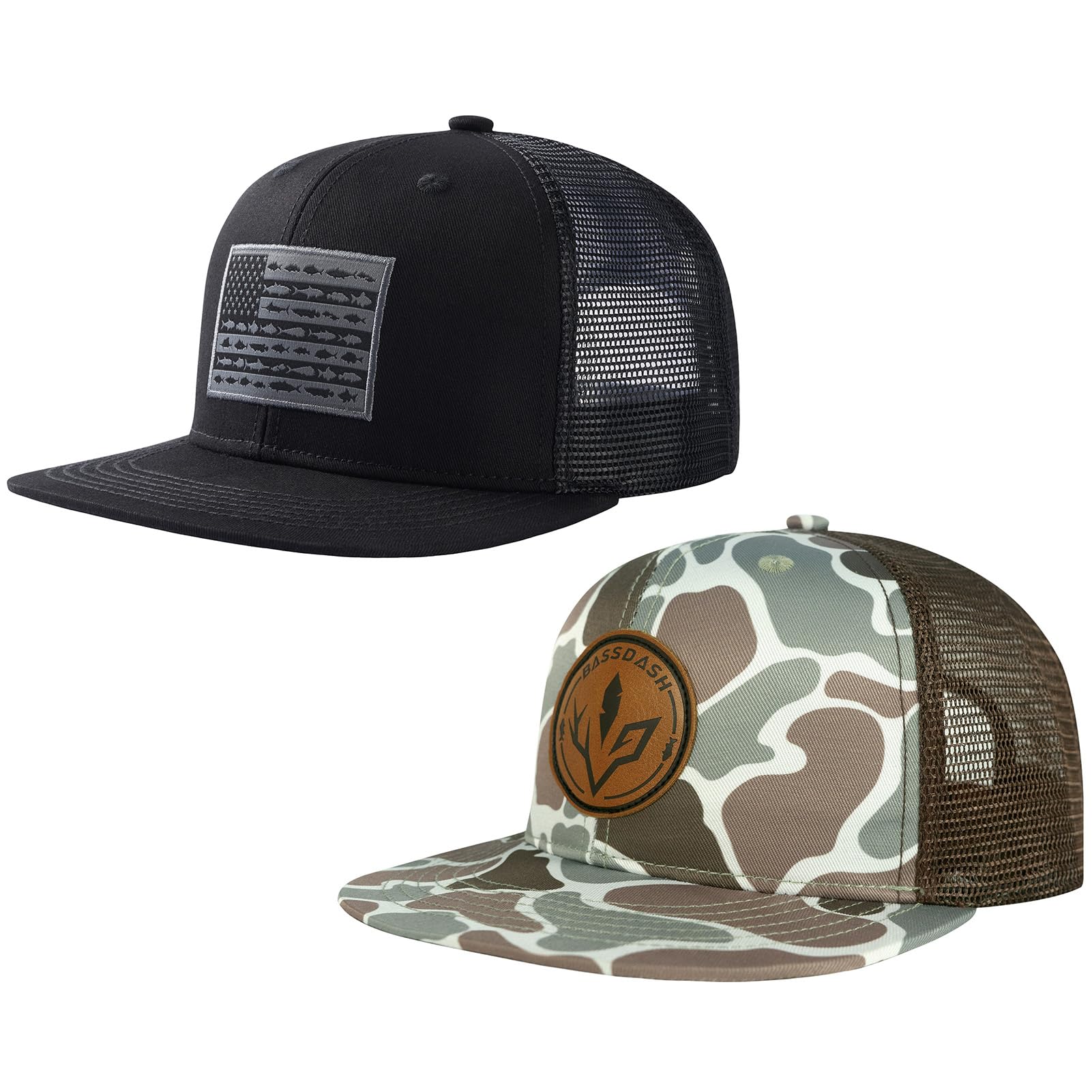 BASSDASH 2 Pack Flat Brim Trucker Cap Adjustable Snapback Hat Mesh Back for Men Women Fishing Hunting