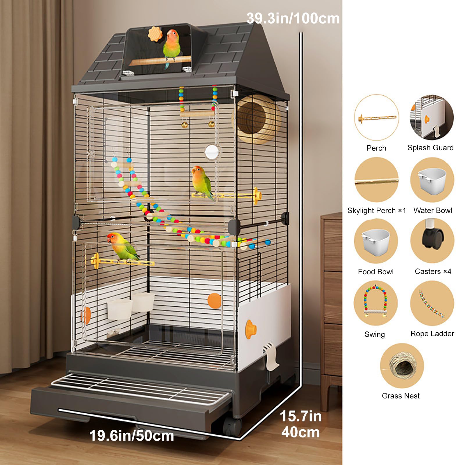 Jaula para Pájaros Moderna con Vista Panorámica 98cm, Aviario Interior con Bandeja Extraíble para Periquitos, Cacatúas, Canarios, Agapornis y Aves Pequeñas Black