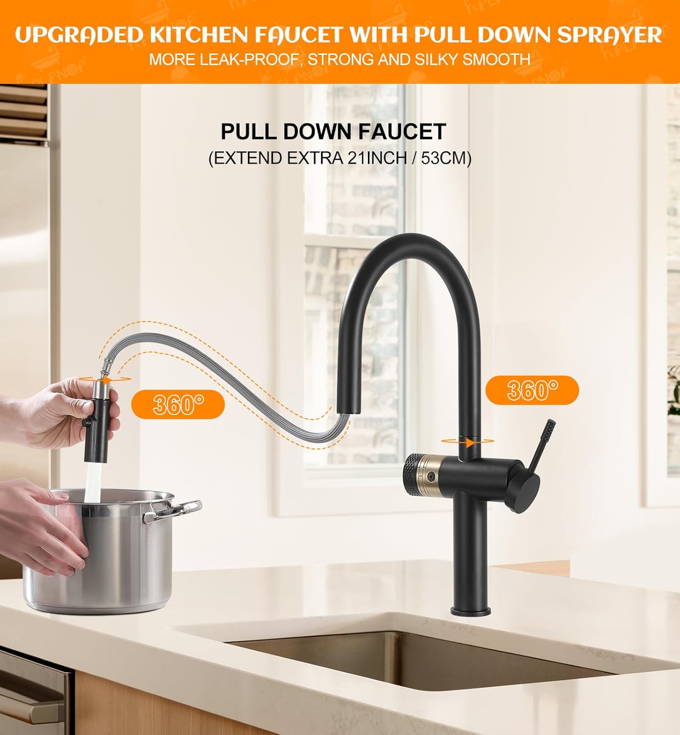 Kitchen Sink Faucet with Drinking Water Outlet, 2 in 1 High Pressure Single Handle Pull Out Kitchen Faucet with Sprayer Commercial Modren Style, Fit for 1 Hole Stainless Steel Matte Black