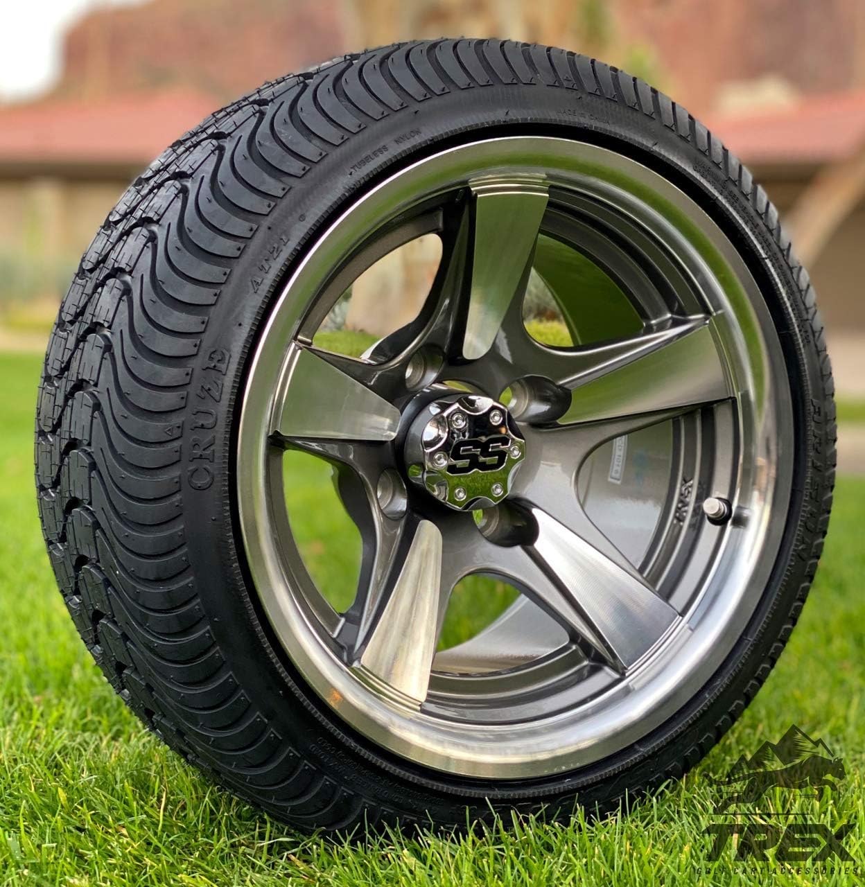 12" BULLITT GUNMETAL/MACHINED ALUMINUM WHEELS AND 215/35-12 LOW PROFILE DOT TIRES COMBO - SET OF 4 (Standard Lugs (EZ-GO, Club Car))