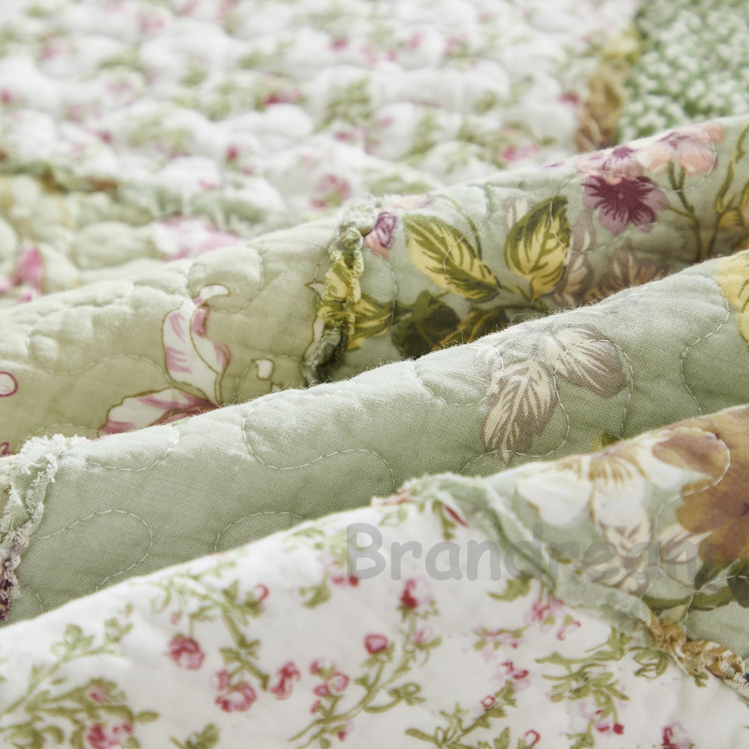 Brandream Patchwork Quilts Queen Size Cotton Green Rose Floral Quilted Comforter Set Country Rustic Coverlet Set 3-Piece - Image 8