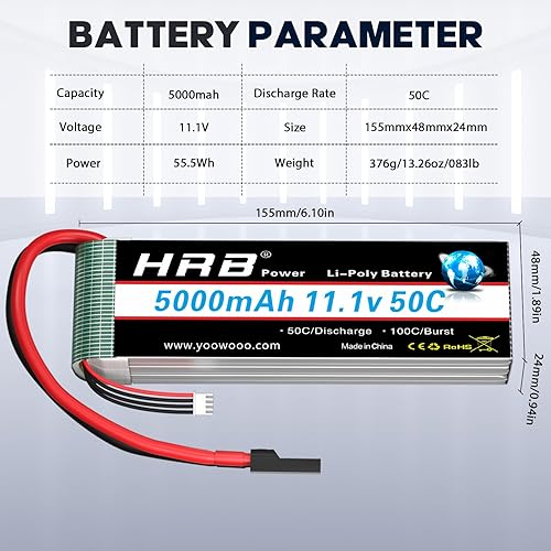 Miniatura 2 de HRB Batería Lipo 3S 5000mAh 11.1V 50C 100C RC Lipo Batería con TR Plug Compatible con RC Helicóptero Avión Quadcopter Coche Camión Barco