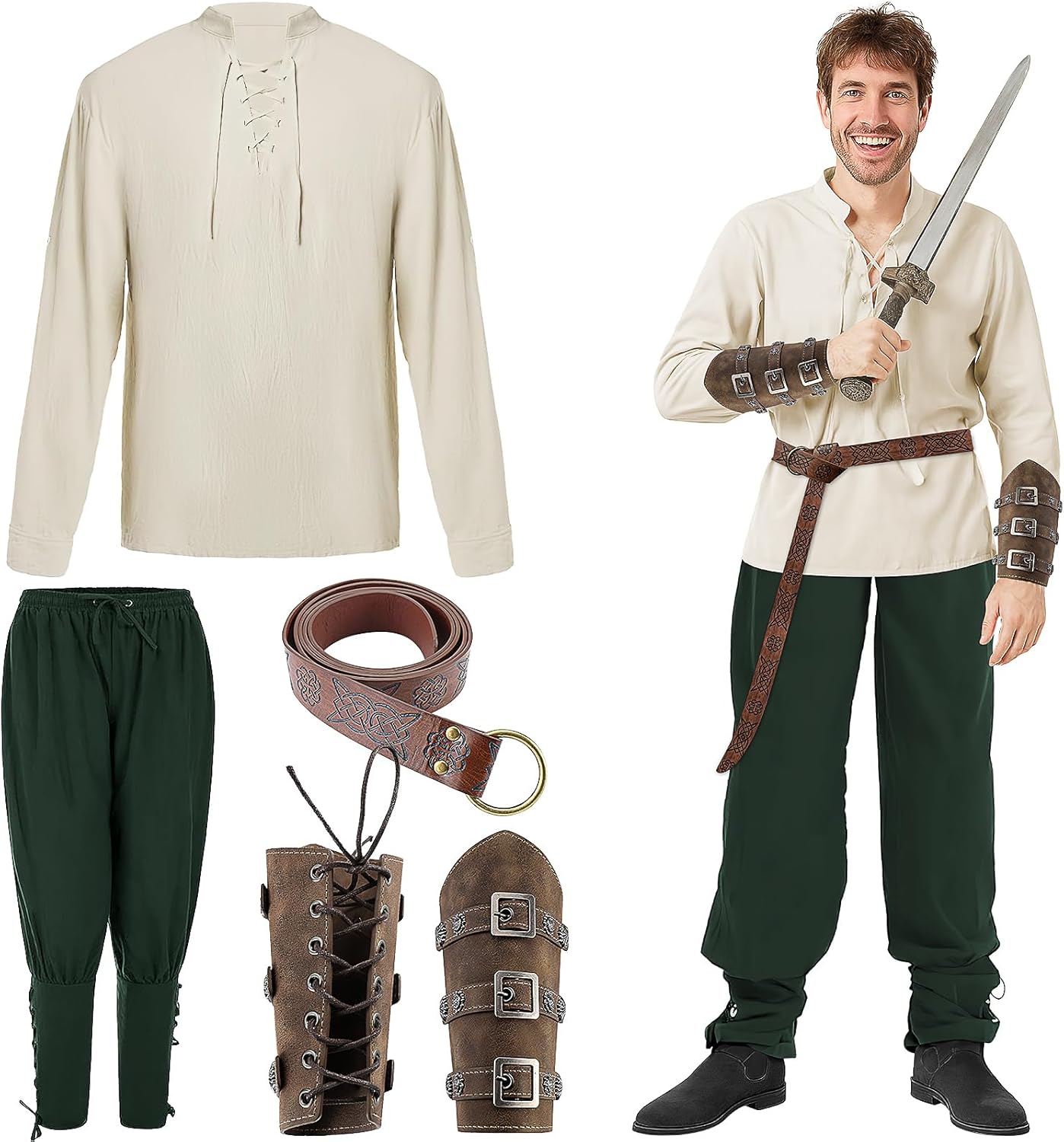 4 Pcs Halloween Men's Renaissance Costume Medieval Pirate Shirt Ankle Banded Pants Viking Belt Accessories