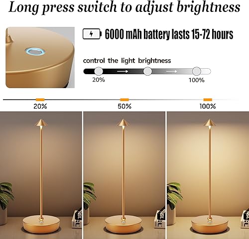 Miniatura 4 de YIBEN Paquete de 2 lámparas de mesa inalámbricas recargables, batería LED portátil de 6000 mAh, lámpara de escritorio USB de metal, 3 niveles de luz