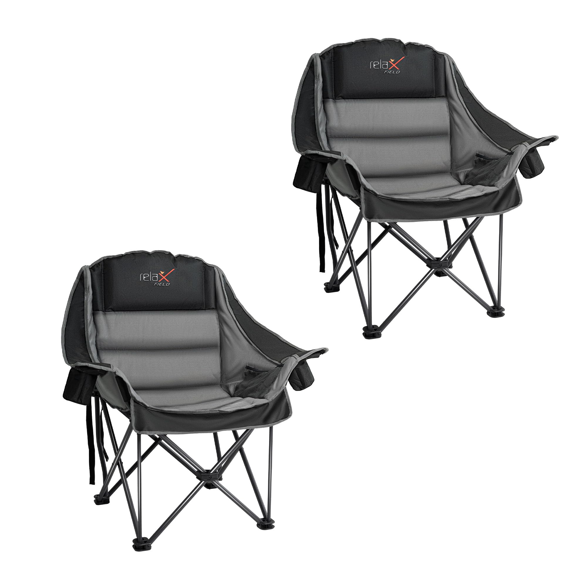 RELAX FIELD Oversized Camping Chair for Adults, Thick Padded Set of 2 Comfort Folding Fishing Chair 227KG with Cup Holder for Outdoor Garden Sport Beach Camp, Black