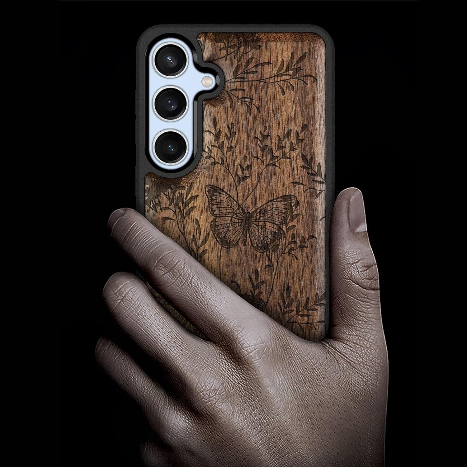Carveit Wood Case for Galaxy S24 FE Case [Natural Wood & Black Soft TPU] Shockproof Protective Cover Unique Wooden Design Compatible with S24 FE (A Dance of Butterflies-Walnut)