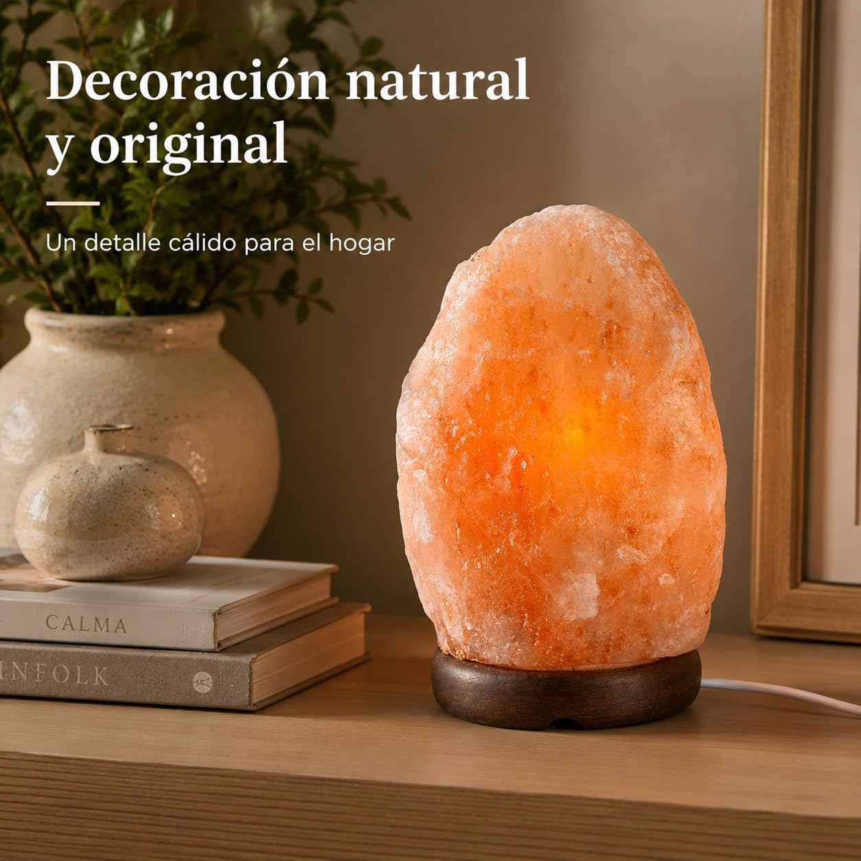 Etrexonline Lámpara de Sal del Himalaya con Base de Madera 100% Natural Hecha a Mano Cable y Bombilla Incluida (1,5-2kg)