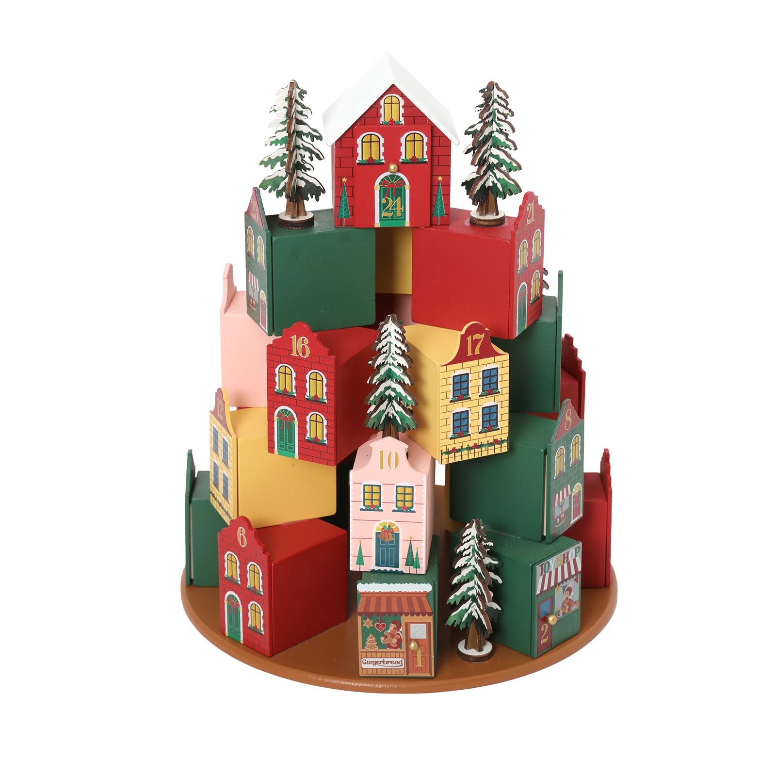 PE 3D Holz-Adventskalender als Weihnachtsdorf, 24 Schubladen zum Befüllen | Holz, 26,6 x 26,6 x 32 cm, 24 nummerierte Schubladen, Weihnachtsdorf-Dekoration, jährlich neu befüllbar