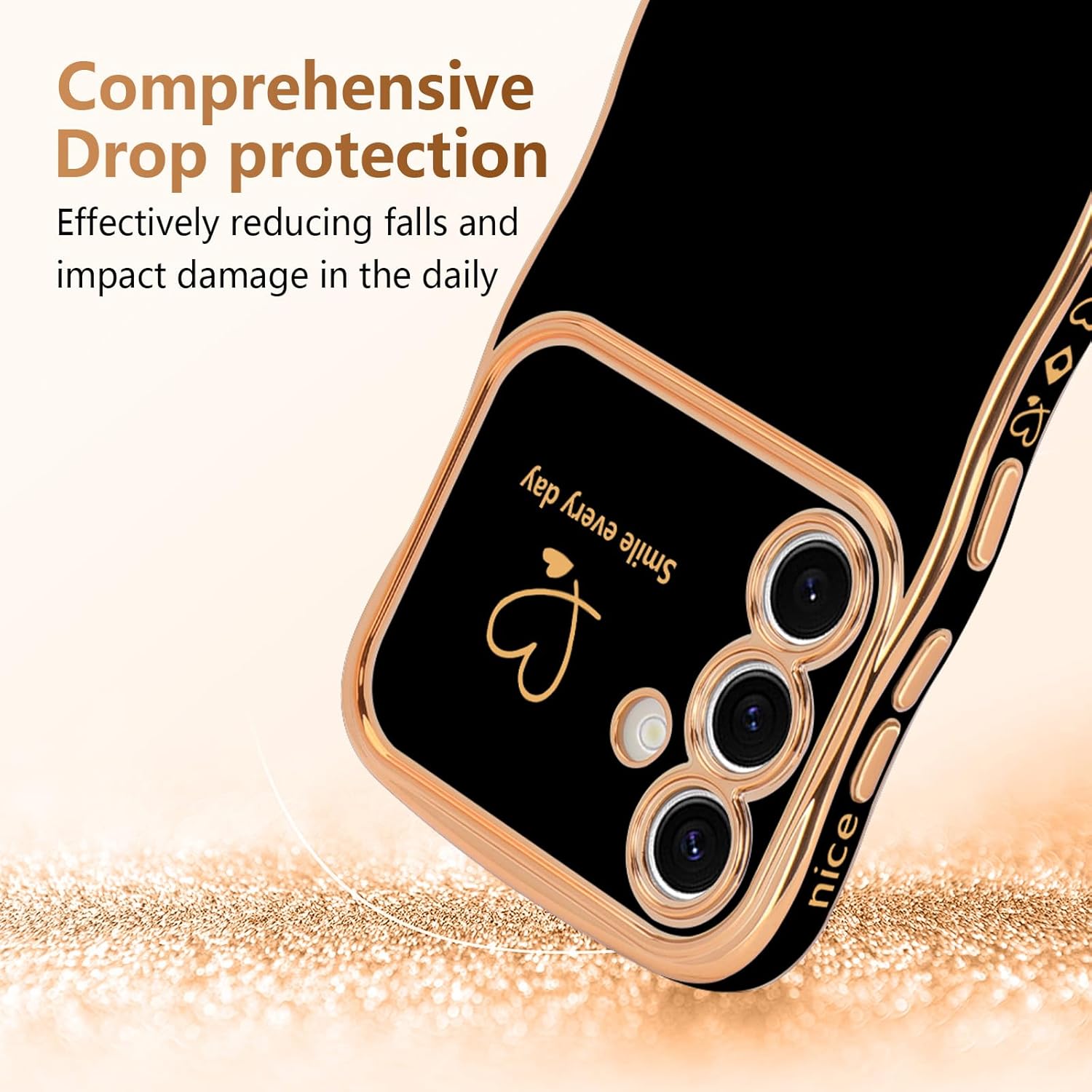 LCHULLE for Samsung Galaxy S25 Plus Case for Women Girls, Cute Wave Frame Curly Shape with Love Heart Raised Camera Protection Cover Luxury Plating Shockproof Phone Case for Galaxy S25 Plus 5G, Black - Image 3