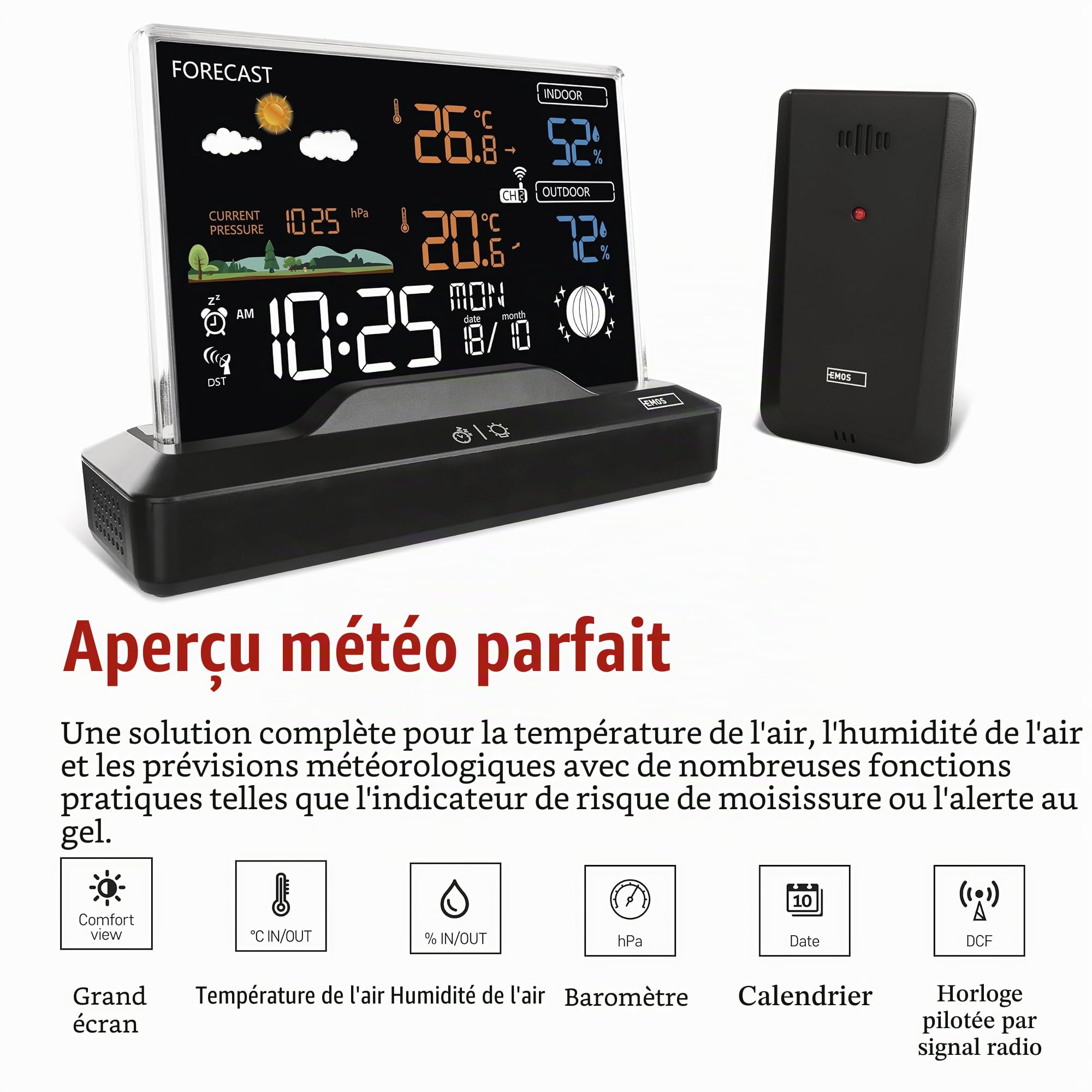 EMOS - Station météo radio sans cadre avec capteur extérieur - thermomètre, hygromètre, baromètre, prévisions météorologiques, mémoire - Horloge radio-pilotée avec réveil, calendrier - Double
