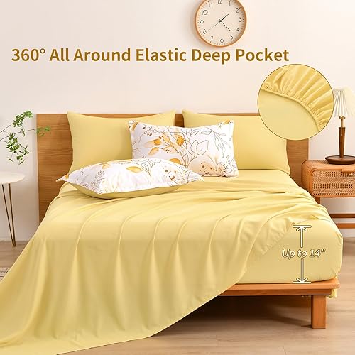Miniatura 3 de WONGS BEDDING Juego de edredón botánico amarillo, tamaño Queen, 7 piezas de cama floral en una bolsa, juego de ropa de cama de microfibra suave