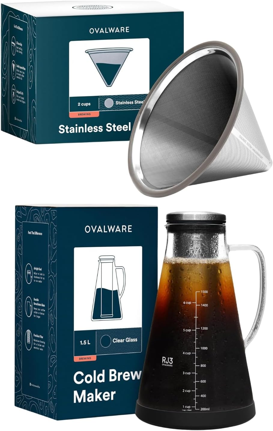 OVALWARE Stainless Steel Coffee Filter with Cold Brew Maker 1.5L