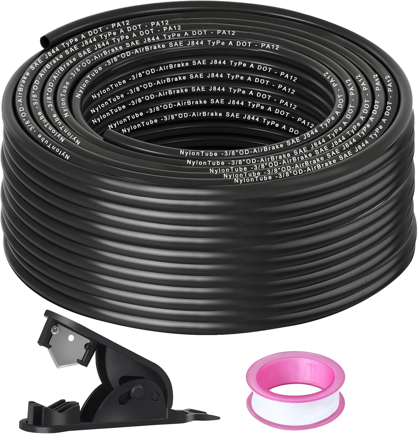3/8" OD x 100FT DOT Air Line Black SAE J 844 PA12 Nylon Air Brake Tubing with Cutter and Teflon Tape, Pneumatic Nylon Air Line Hose for Semi Truck Trailer Air Brake System & Fluid Transfer