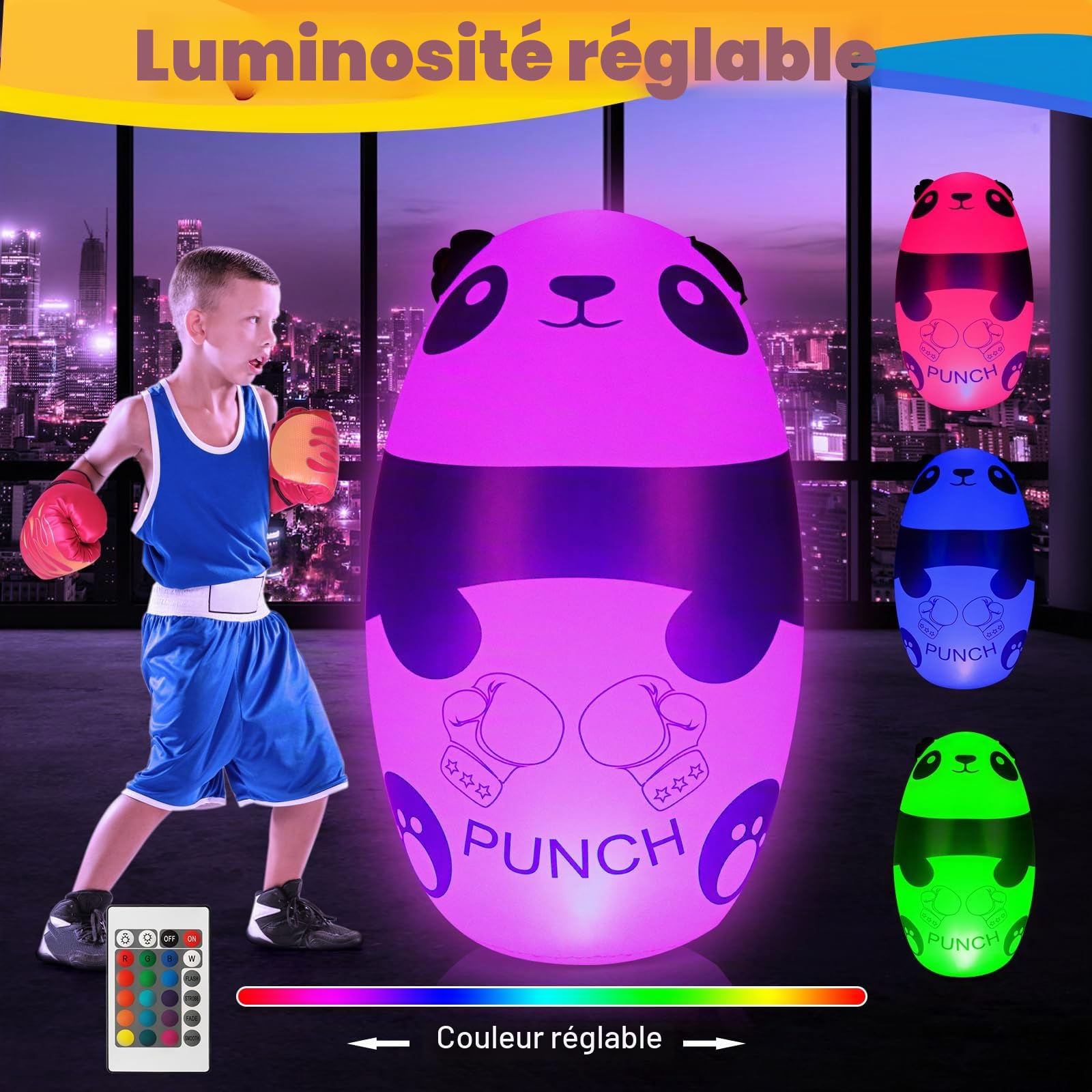 Sac de Boxe Enfant avec Gants de Boxe 120cm Lumineux Panda Gonflable Sac de Frappe avec Gants D'entraînement Jouet pour Enfants 3-9 Cadeau pour Garçons Filles(3xAAA Piles Non Incluses)