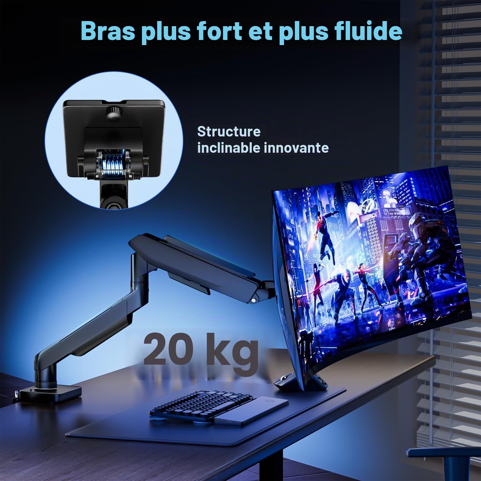 Support de Moniteur pour écran Plat et incurvé de 17 à 49 Pouces, Support de Moniteur Robuste à Ressort à gaz réglable en Hauteur avec inclinaisons, capacité de Charge Accrue de 2 à 20 kg