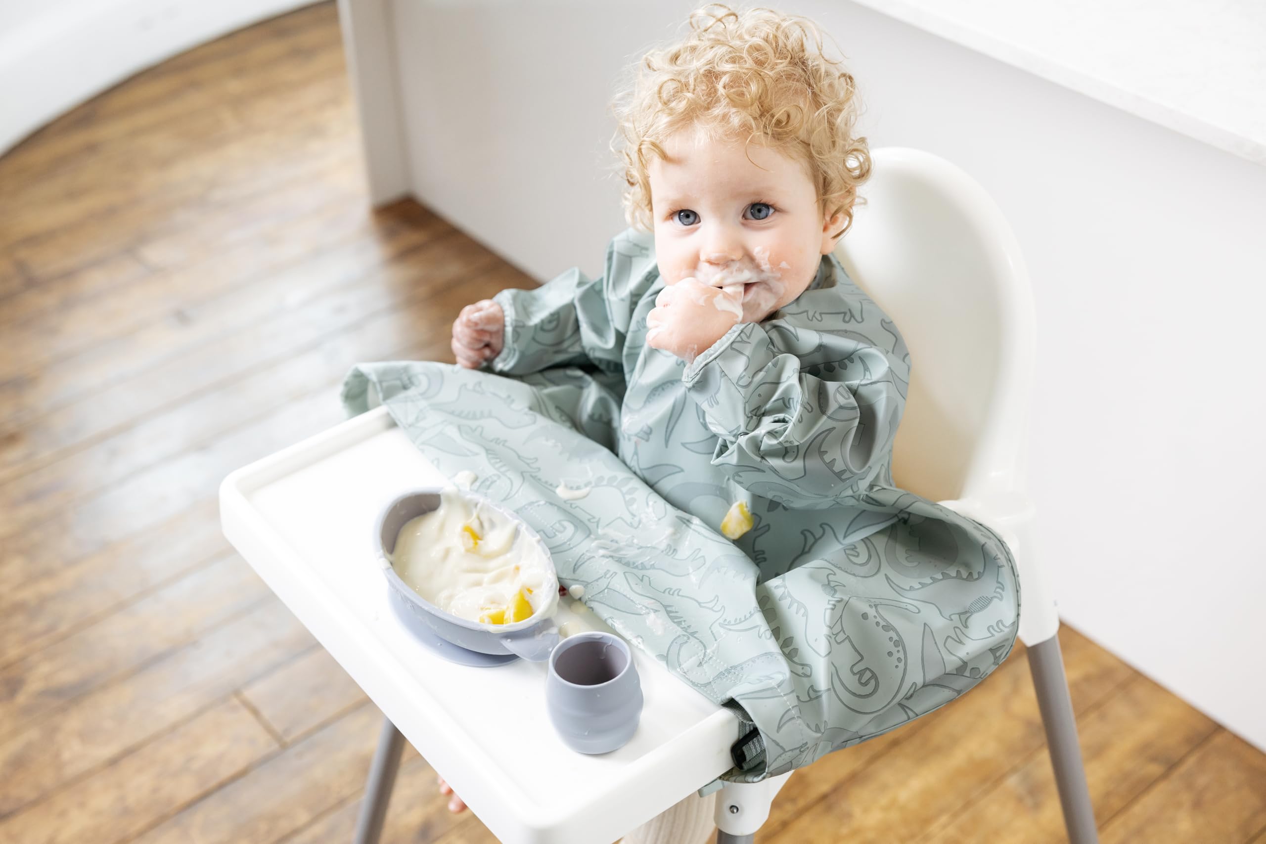 BIBaDO Coverall Weaning Bib - Toddler Baby Long Sleeve Bibs for Ages 6-36 Months Attaches to Highchairs Pushchairs Tables - Waterproof Machine Washable. Mess Proof Feeding BLW Bibs
