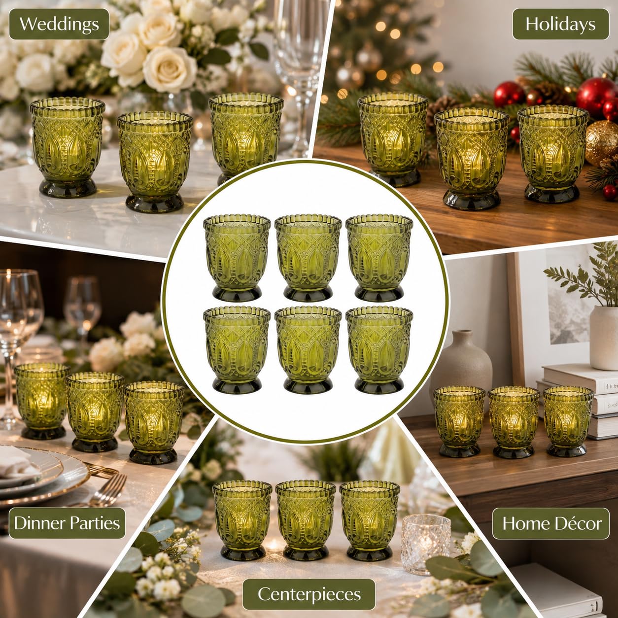 Koyal Wholesale Szklany świecznik w stylu vintage, 6 sztuk, 3 x 2,75 (oliwkowy zielony)