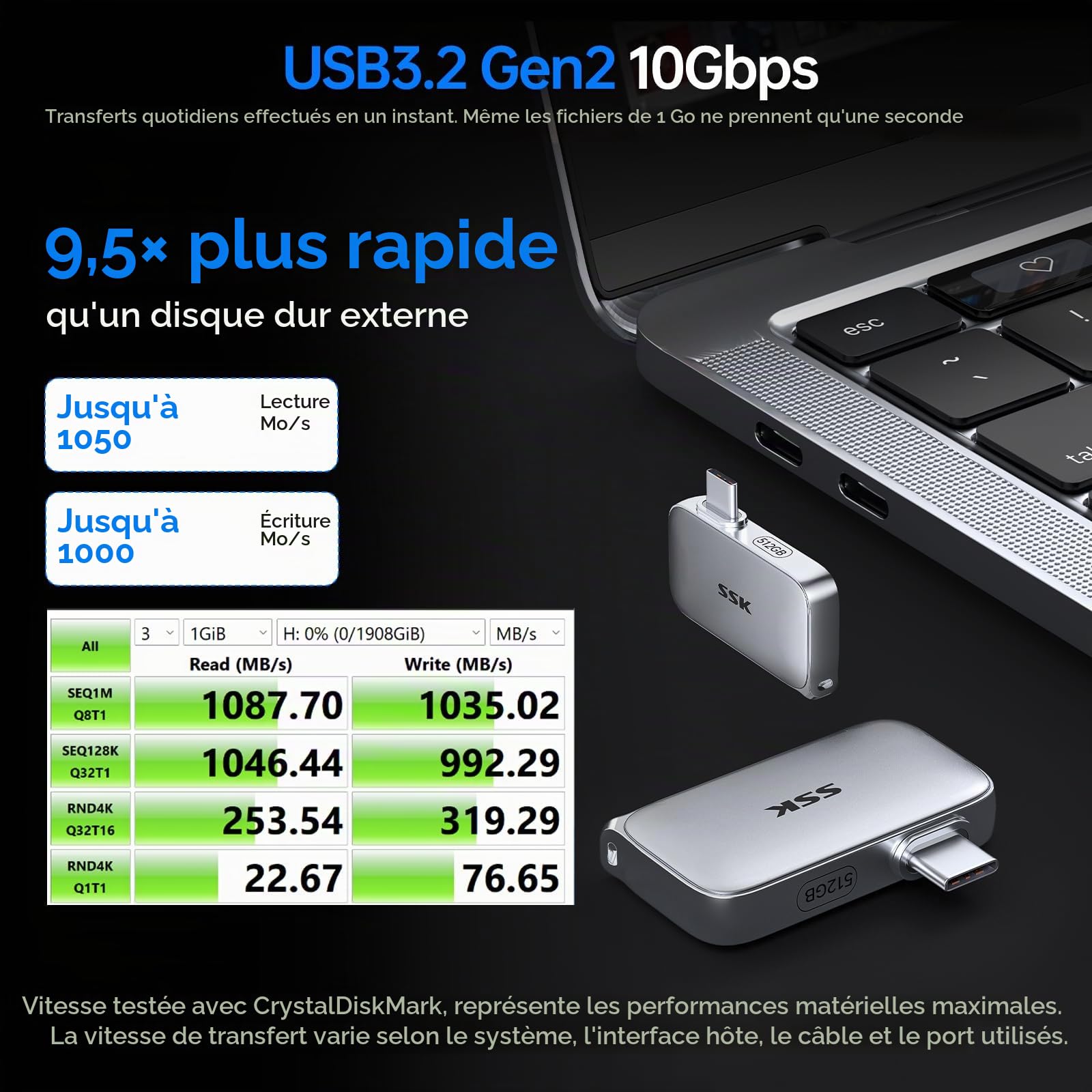 SSK Disque SSD Extreme 2To, USB 3.2 Gen 2 SSD Portable jusqu'à 1050 Mo/s