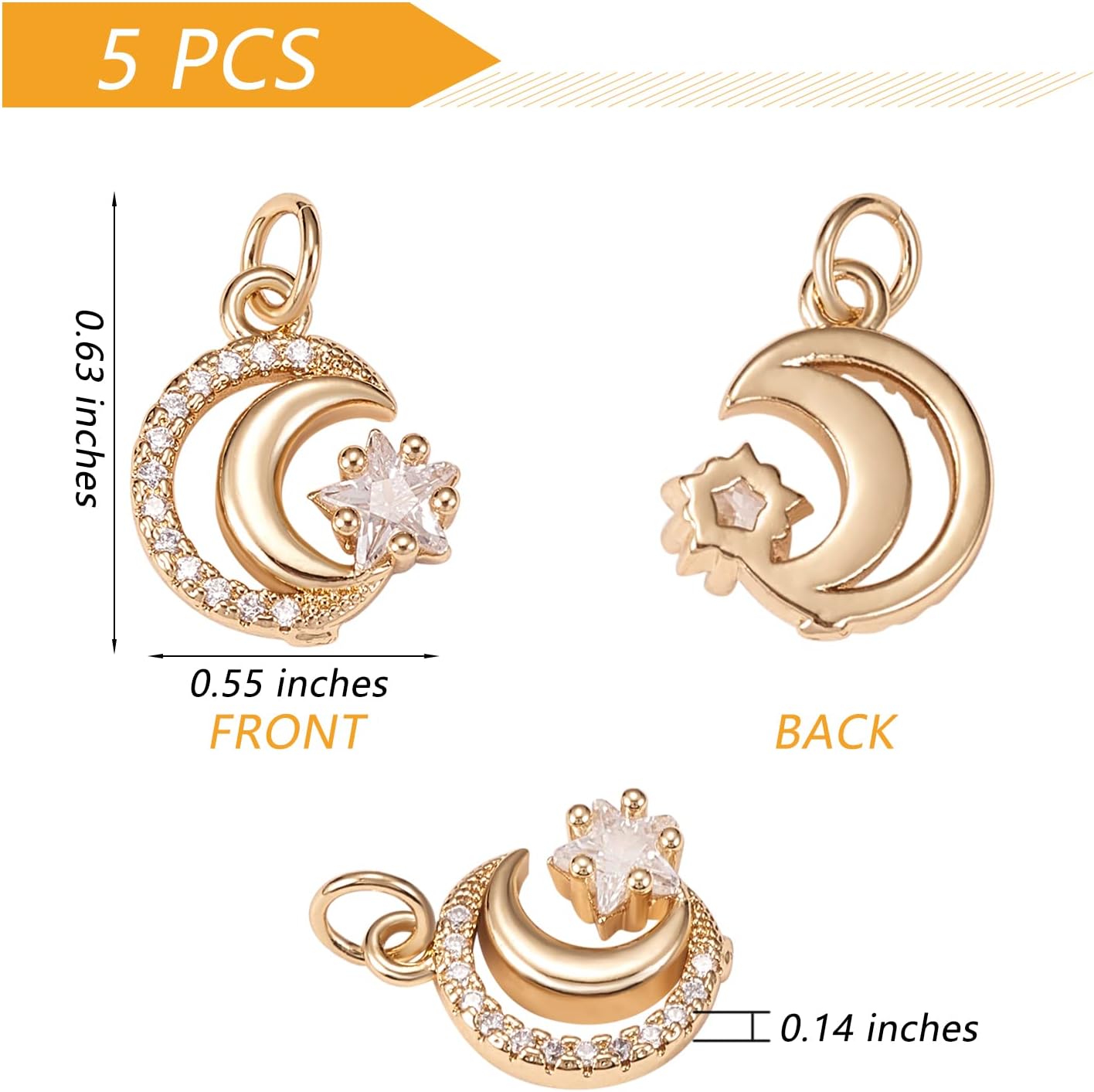 10 Pieces Moon with Star Brass Charm Pendant Cubic Zirconia Moon Phase Charm Real 18K Gold Plated for Jewelry Necklace Bracelet Making Crafts - Image 2