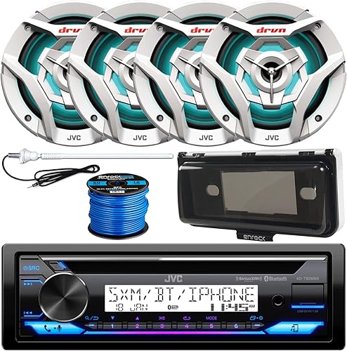JVC in-Dash - Receptor de reproductor de CD estéreo Bluetooth USB AUX AM/FM con 2 pares de altavoces blancos de 2 vías de 6.5 pulgadas, 260 W,