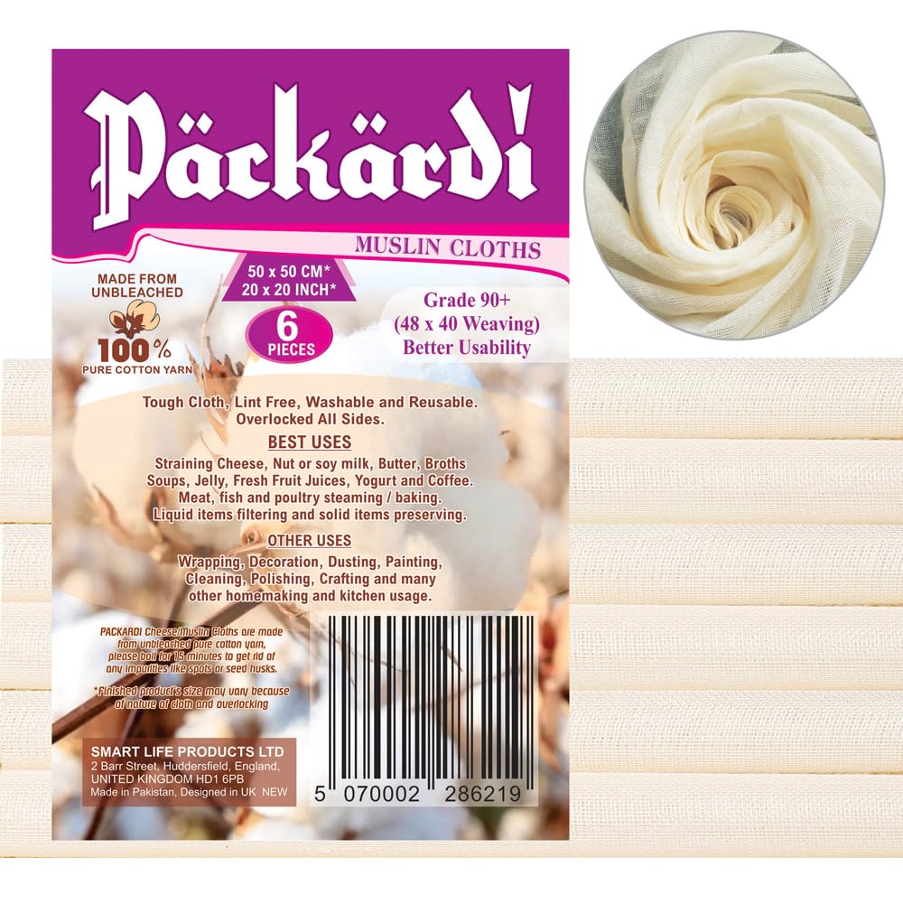 PACKARDICheesecloth Pack of 6 Muslin Cloths for Cooking 50x50 cm, Grade 90+ Reusable and Washable Cheese Cloths for Straining, 100% Unbleached Pure Cotton Lint Free Cheese Cloth