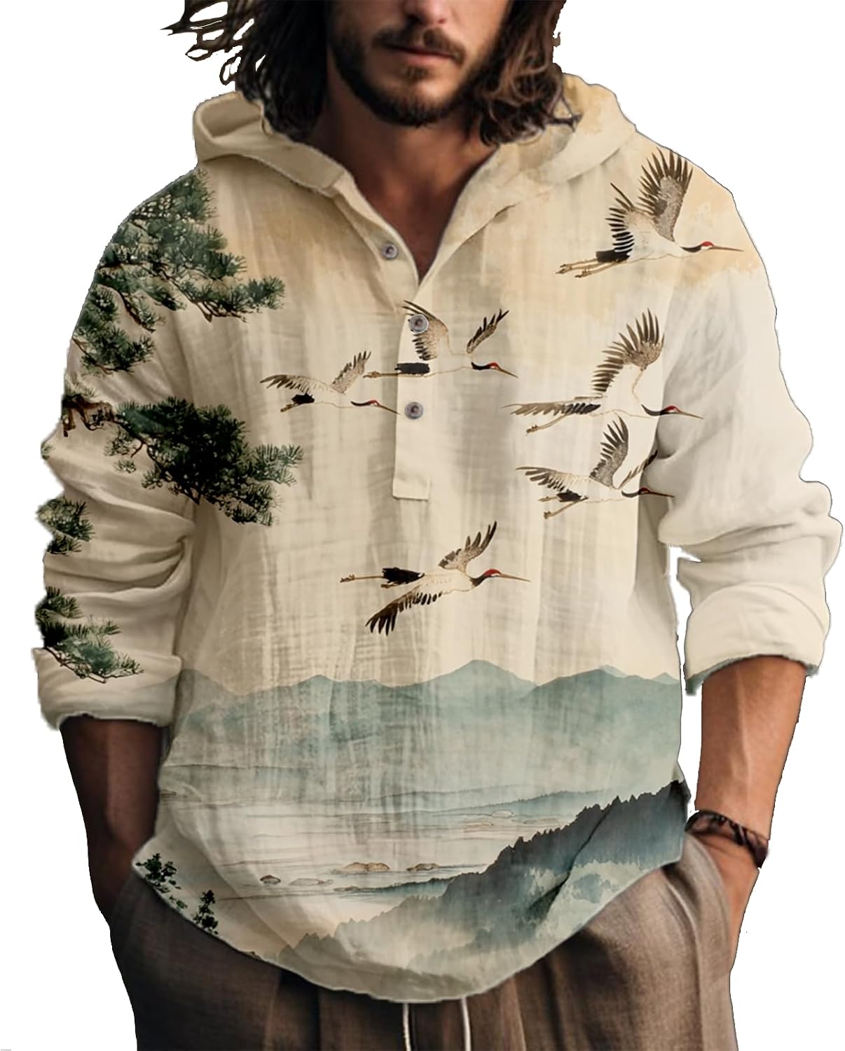 Hooded Sweatshirt Men Japanese Artsy Graphic Button Up Cool Light Weight Slim Fit Hoodies Long Sleeve Shirts