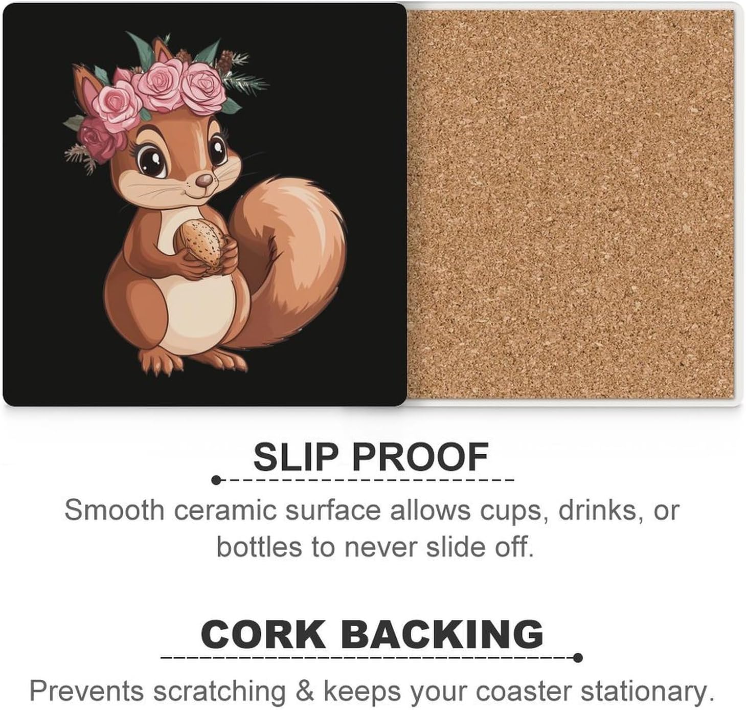 Cute Squirrel with Flowers Coasters for Drinks Square Table Coasters Set Cup Mats with Cork Base