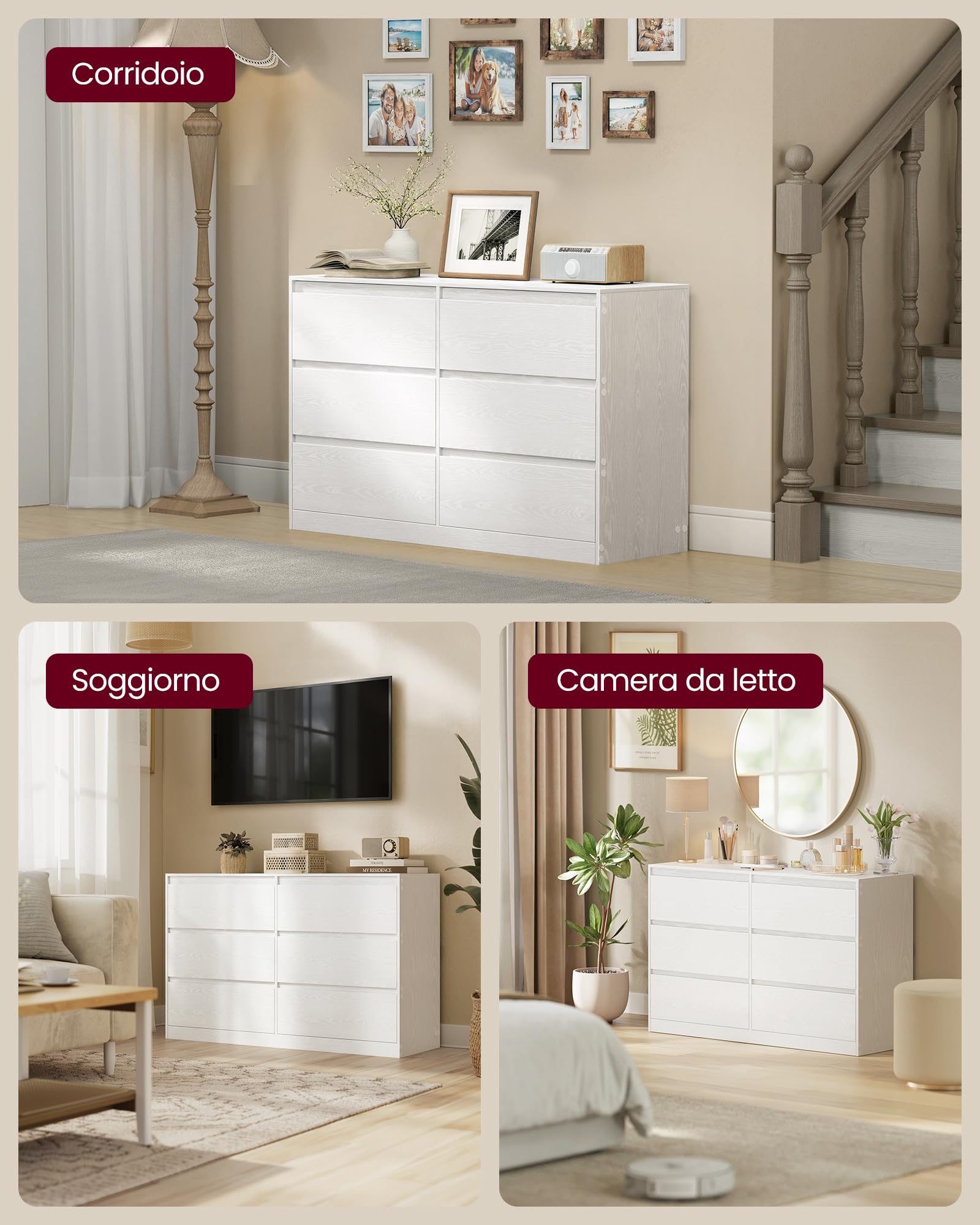 VASAGLE KAILYN Collezione - Cassettiera con 6 Cassetti, Comò Mobile con Cassetti, Porta Abiti, 40 x 119,4 x 75 cm, Stile Moderno, Bianco Neve LTS616W01