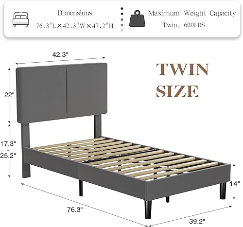 Miniatura 24 de VECELO Base de cama de tamaño matrimonial, plataforma tapizada con cabecera ajustable en altura, soporte de listones de madera, espacio debajo de la